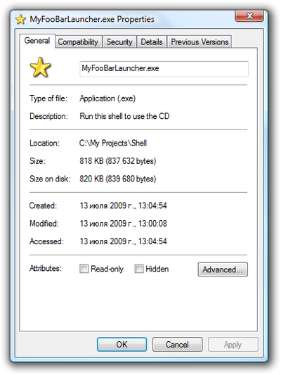 File properties of customized autorun launcher. Click to enlarge...
